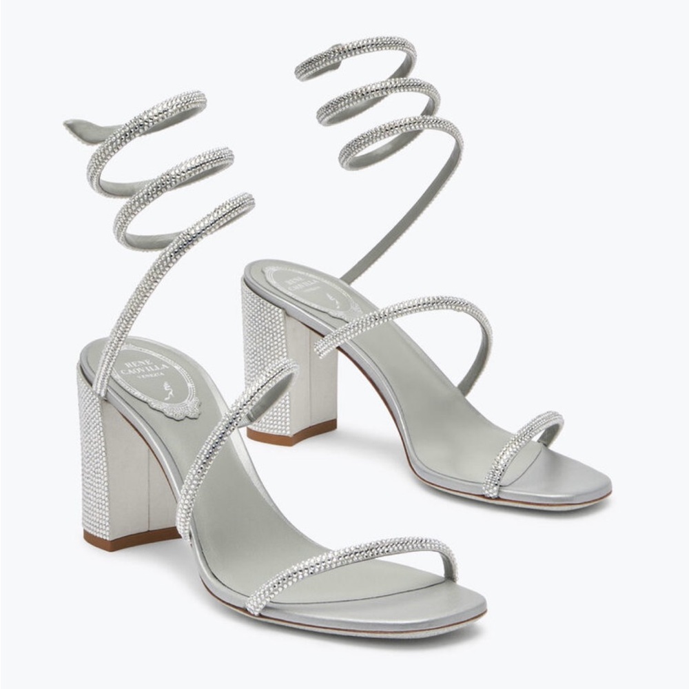 Rene Caovilla Silver Block Heel Sandals